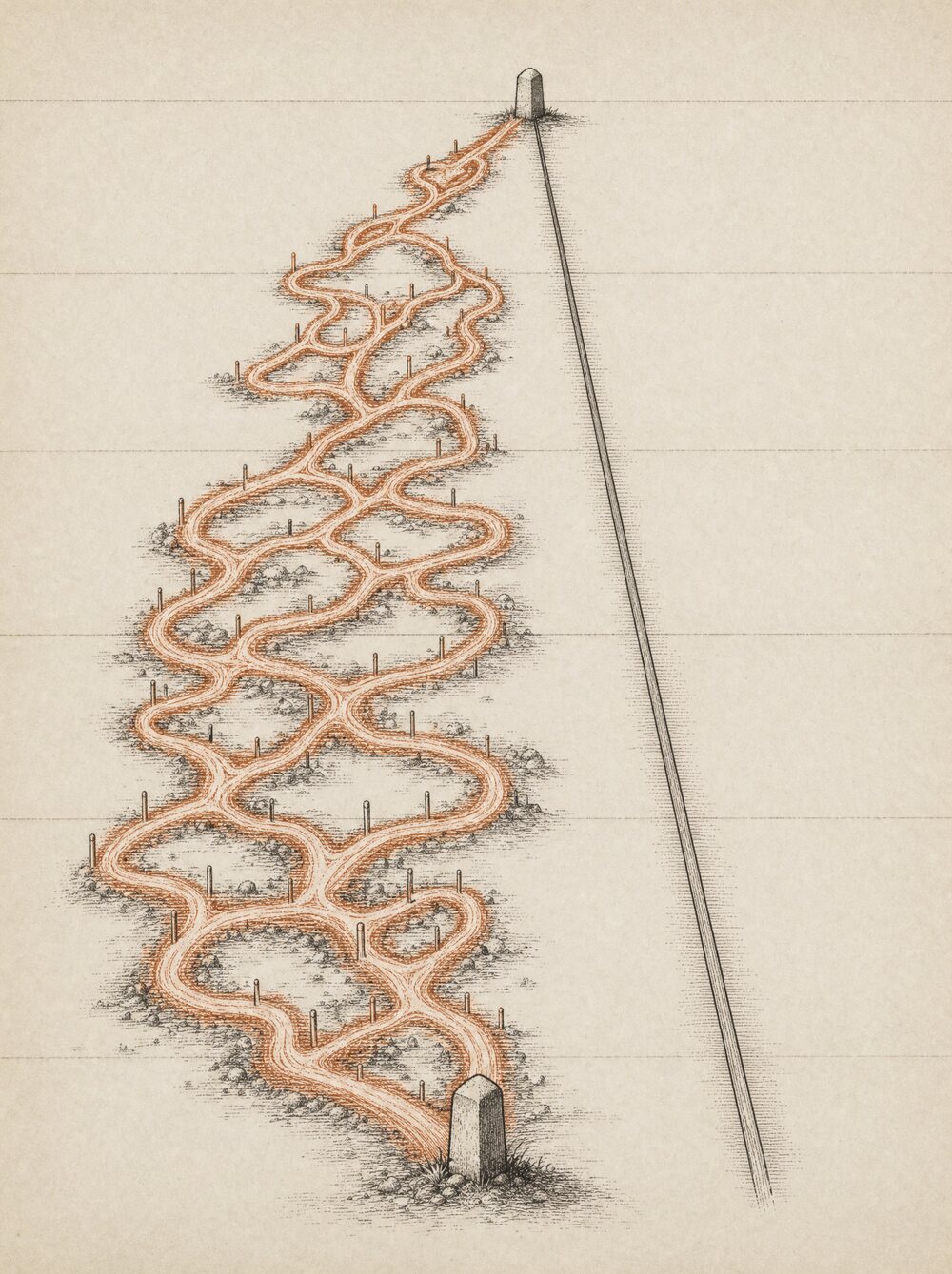 An antique almanac engraving: two routes run between the same pair of milestone stones. On the right, a single clean straight ruled line, almost untrodden. On the left, an elaborate tangled labyrinth of switchbacks worn deep by the repeated tracks of countless travelers, picked out in copper.