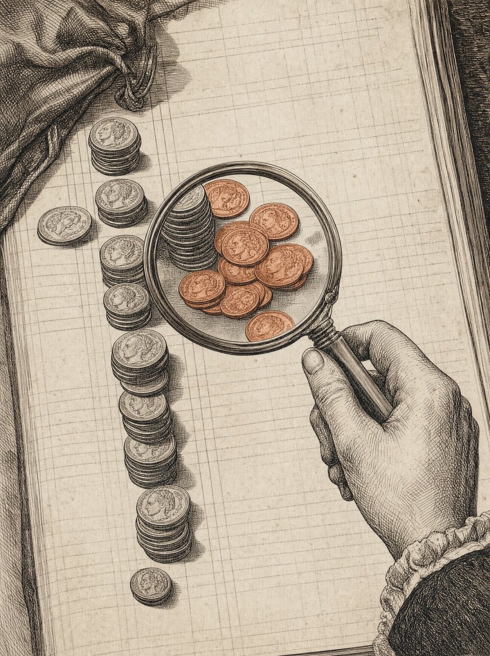 An antique almanac engraving: a hand holding a magnifying glass over a ledger column of stacked coins, revealing extra coins that the running tally had missed — the uncounted coins picked out in copper.