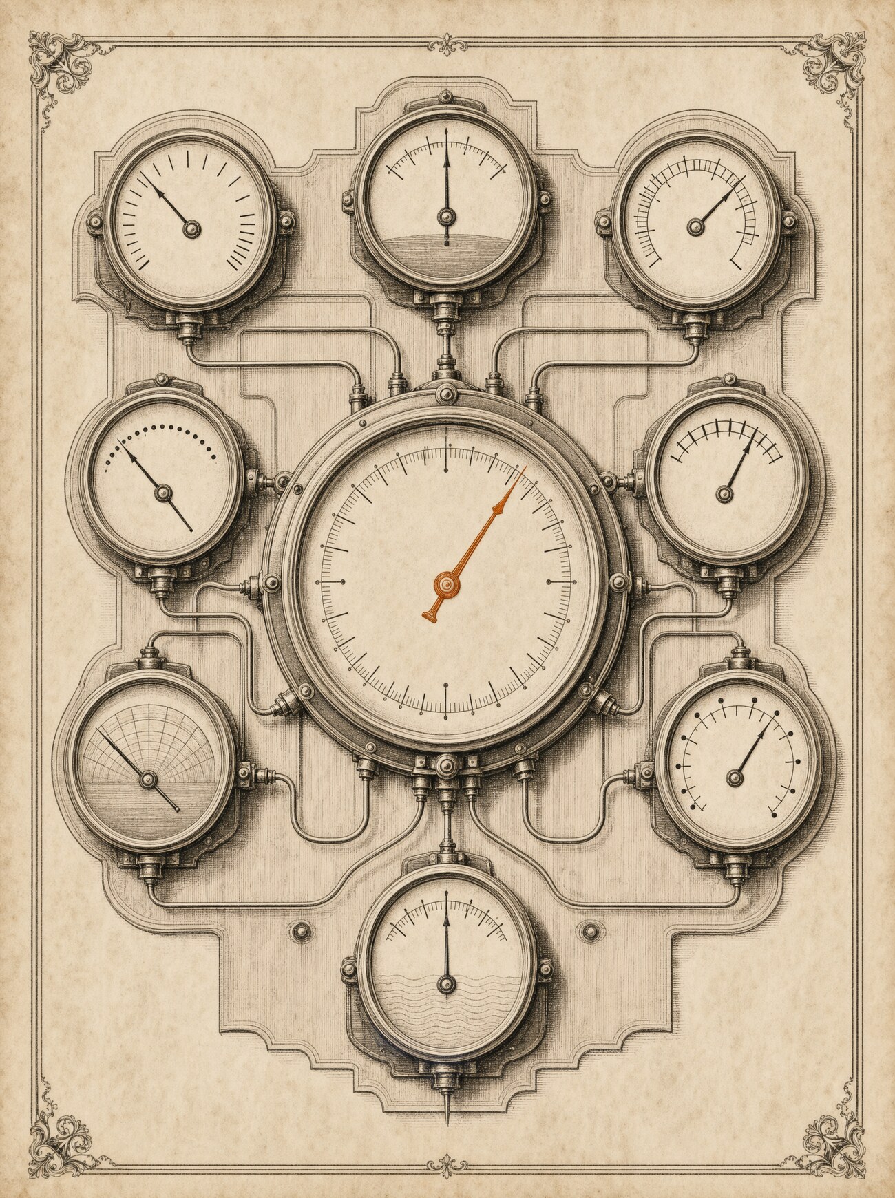 An antique almanac engraving: a brass instrument console of separate gauges, each calibrated in a different unit, their needles linked by fine linework to one large central dial that reads a single combined figure in copper ink.