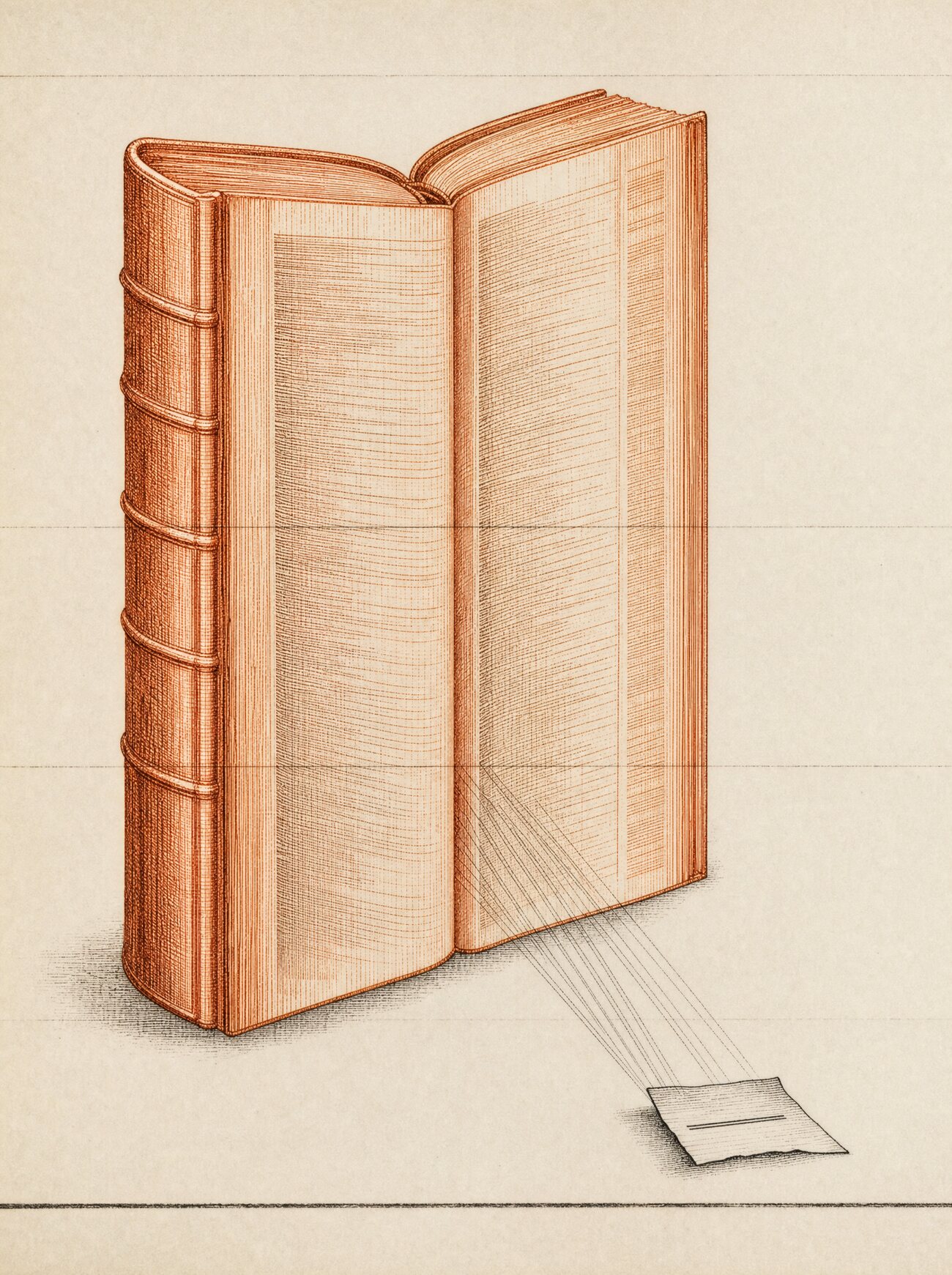 An antique almanac engraving: a single enormous open reference tome stands upright and dwarfs a tiny slip of paper at its foot bearing one short freshly-inked line, with fine engraved sight-lines running from the great book down onto the little slip. The towering volume is picked out in copper; everything else is ink on cream.