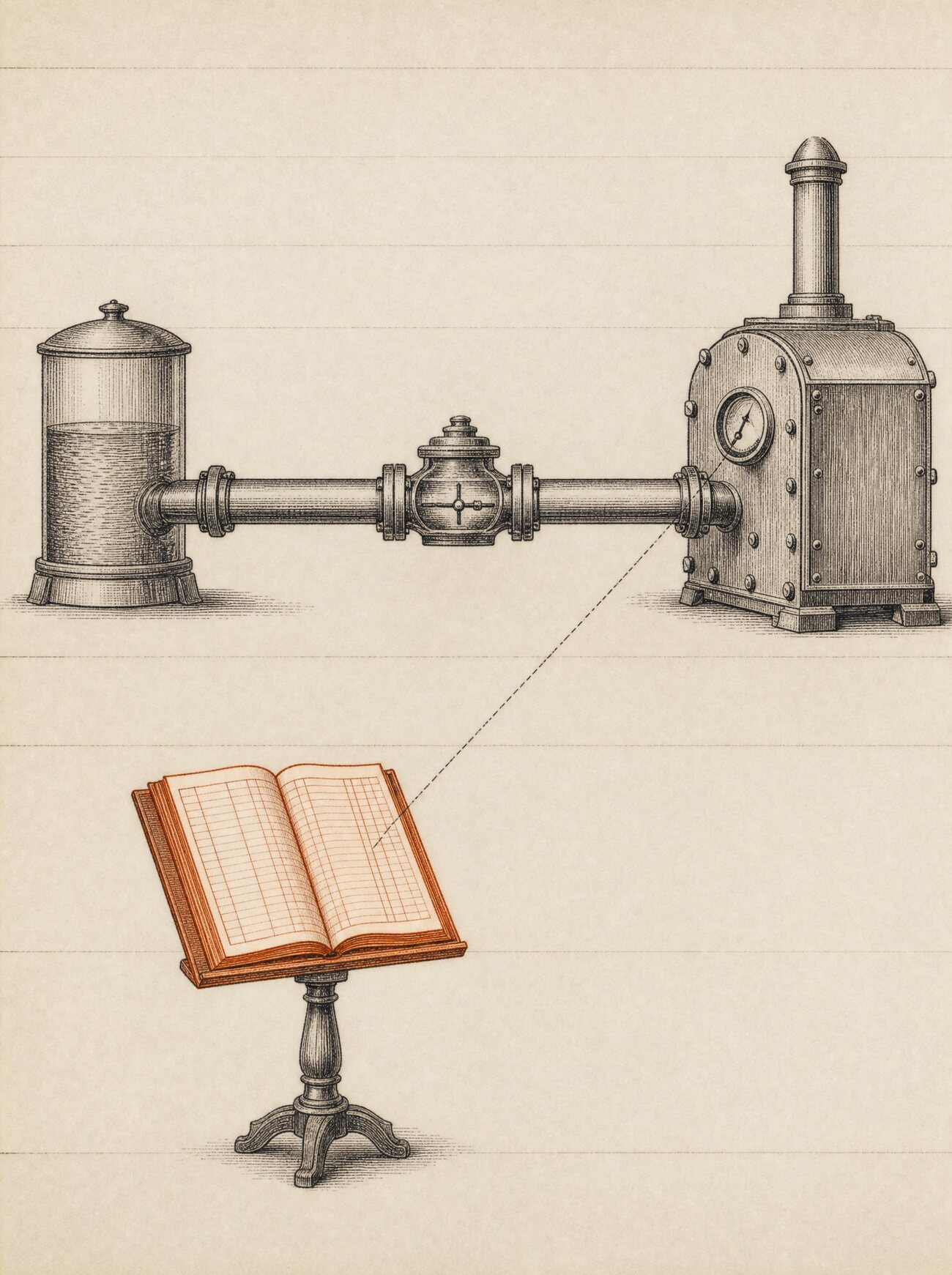 An antique almanac engraving: one measured pipe carries a single flow from a source vessel into a sealed machine, and that one flow is read three ways — an inline meter clamped into the pipe, a gauge set into the machine's wall, and an open ruled ledger standing apart on its own lectern that records the source's own running tally, the ledger picked out in copper.