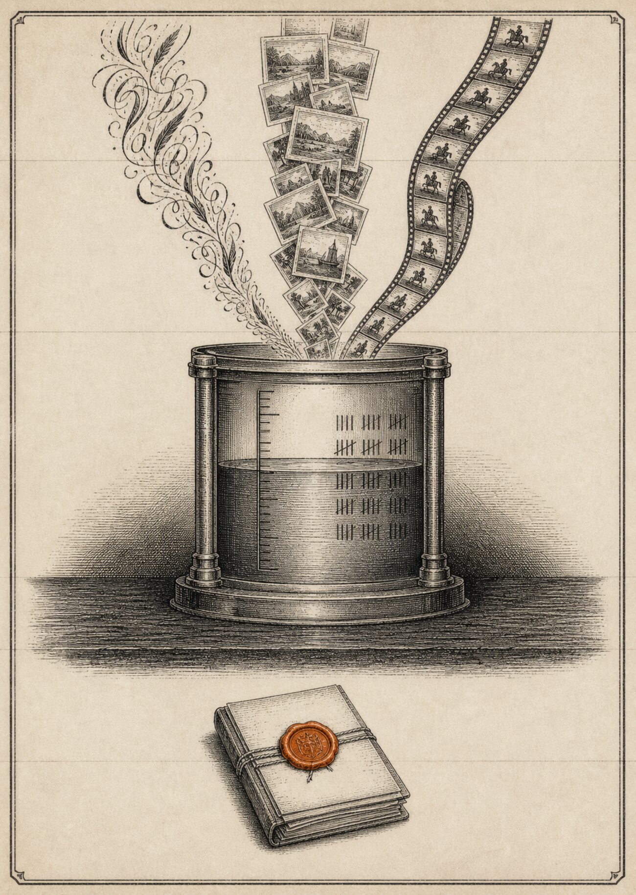 An antique almanac engraving: three distinct inflow channels (one of script, one of etched pictures, one of moving frames) converging into a single measuring vessel already marked with its total, while a separate sealed subscription plate hangs apart from the vessel, its wax seal picked out in copper to show it is charged but never poured into the measure.