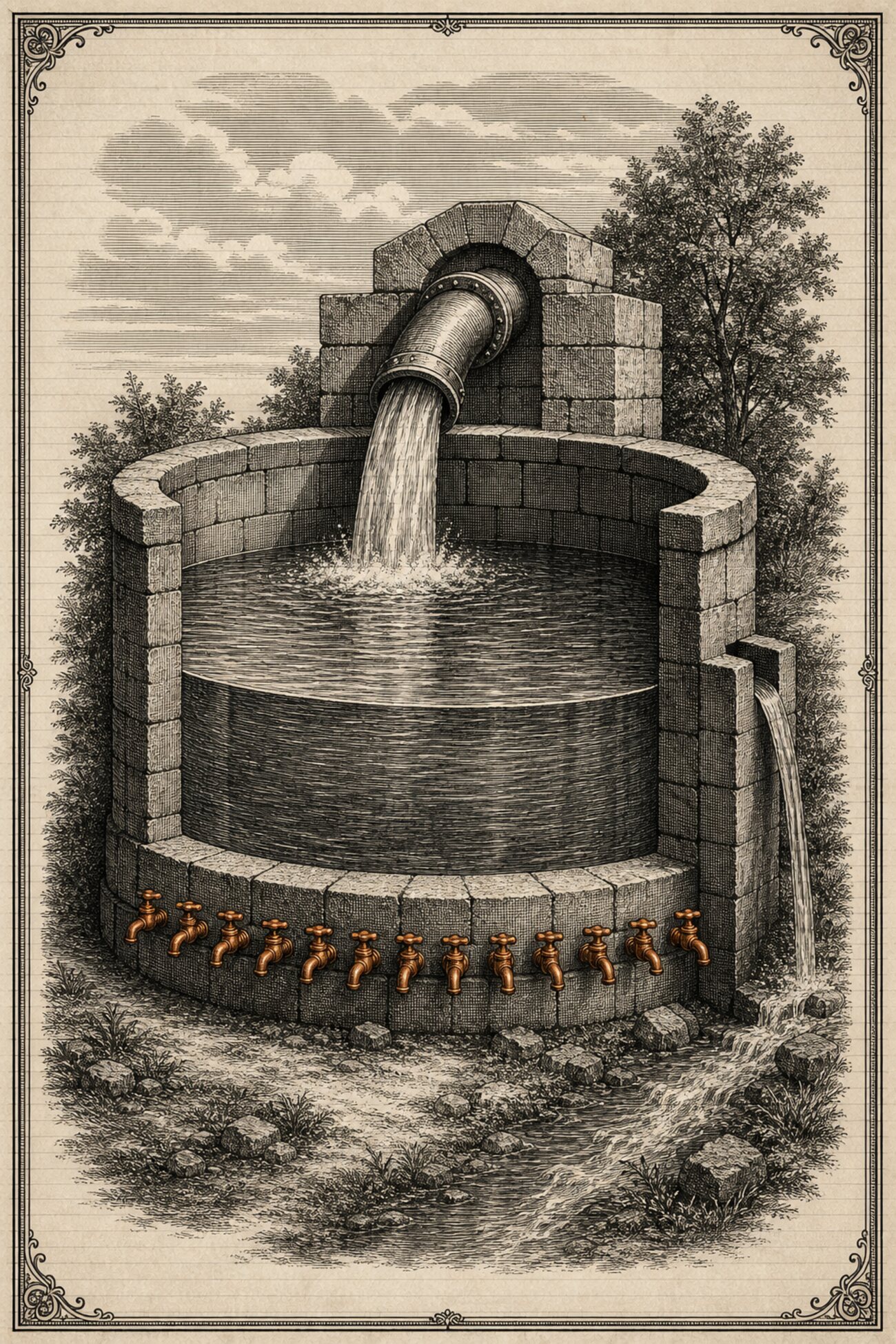 An antique almanac engraving: a stone cistern filled once by a single wide inflow pipe, a row of small taps along its base drawing cheap draughts from the stored water while a thin overflow spills to one side.