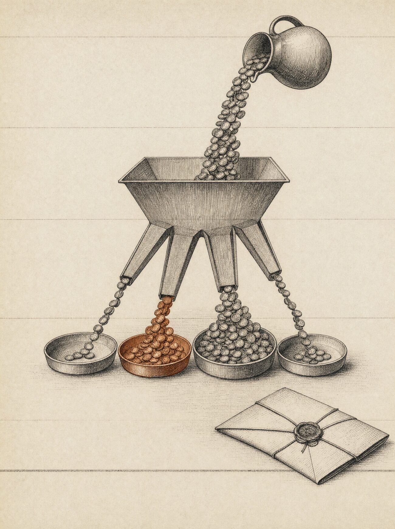 An antique almanac engraving: a jug pours coin-like tokens into a hopper that splits the single stream into four collecting pans of unequal fill — one pan picked out in copper — while a wax-sealed letter lies unopened nearby.