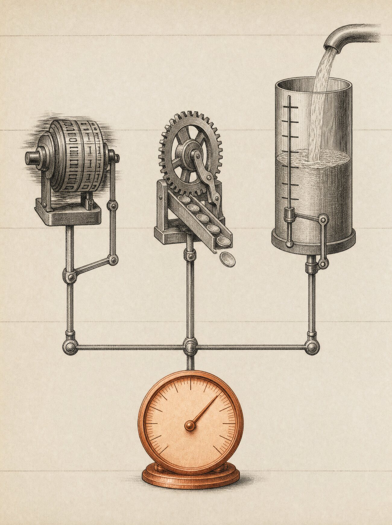 An antique almanac engraving: three different measuring instruments — a fast-spinning revolution counter, a token-counting wheel, and a graduated storage cistern — each turning at its own rate, their motions carried by fine engraved linkages into a single summing dial at the foot of the plate, picked out in copper, that reads them all as one running figure.