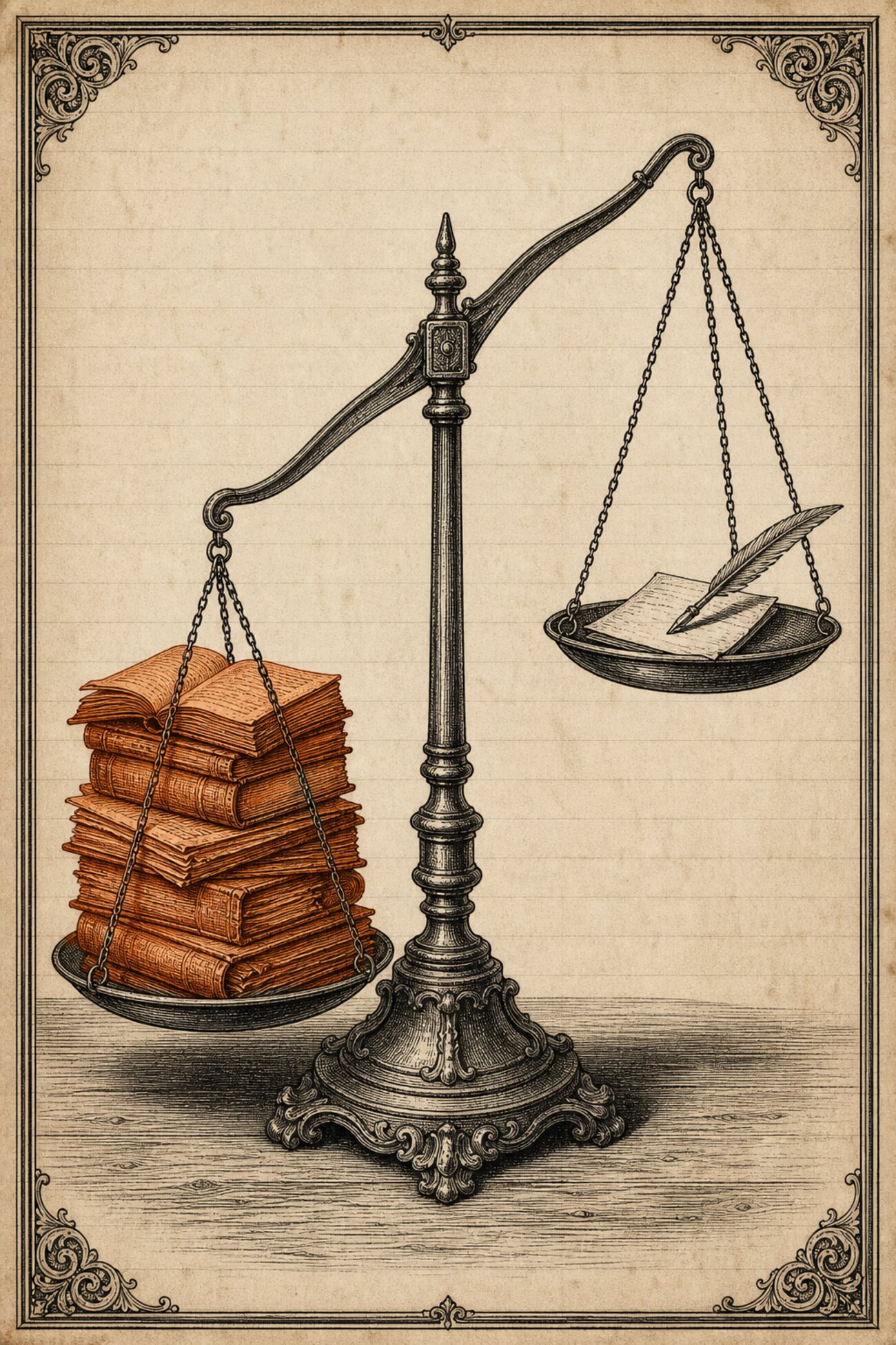 An antique almanac engraving: an accountant's balance scale whose pan holding a tall stack of heavy ledger-books sinks low, while the opposite pan carrying a single sheet of paper and a quill rides high — the reading far outweighs the writing.