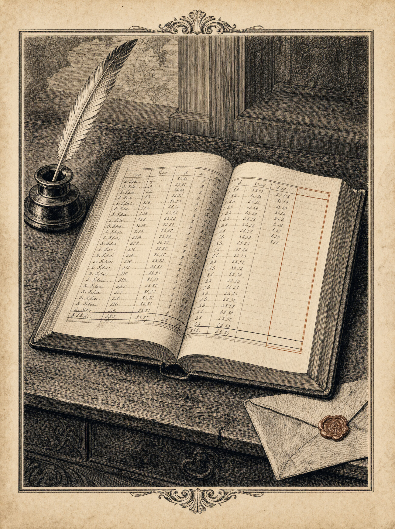 An antique almanac engraving of a hand-ruled accounting ledger open on a desk, its earlier columns filled in neat ink while the most recent column trails off blank, a quill resting unused beside it and a sealed envelope waiting at the edge.