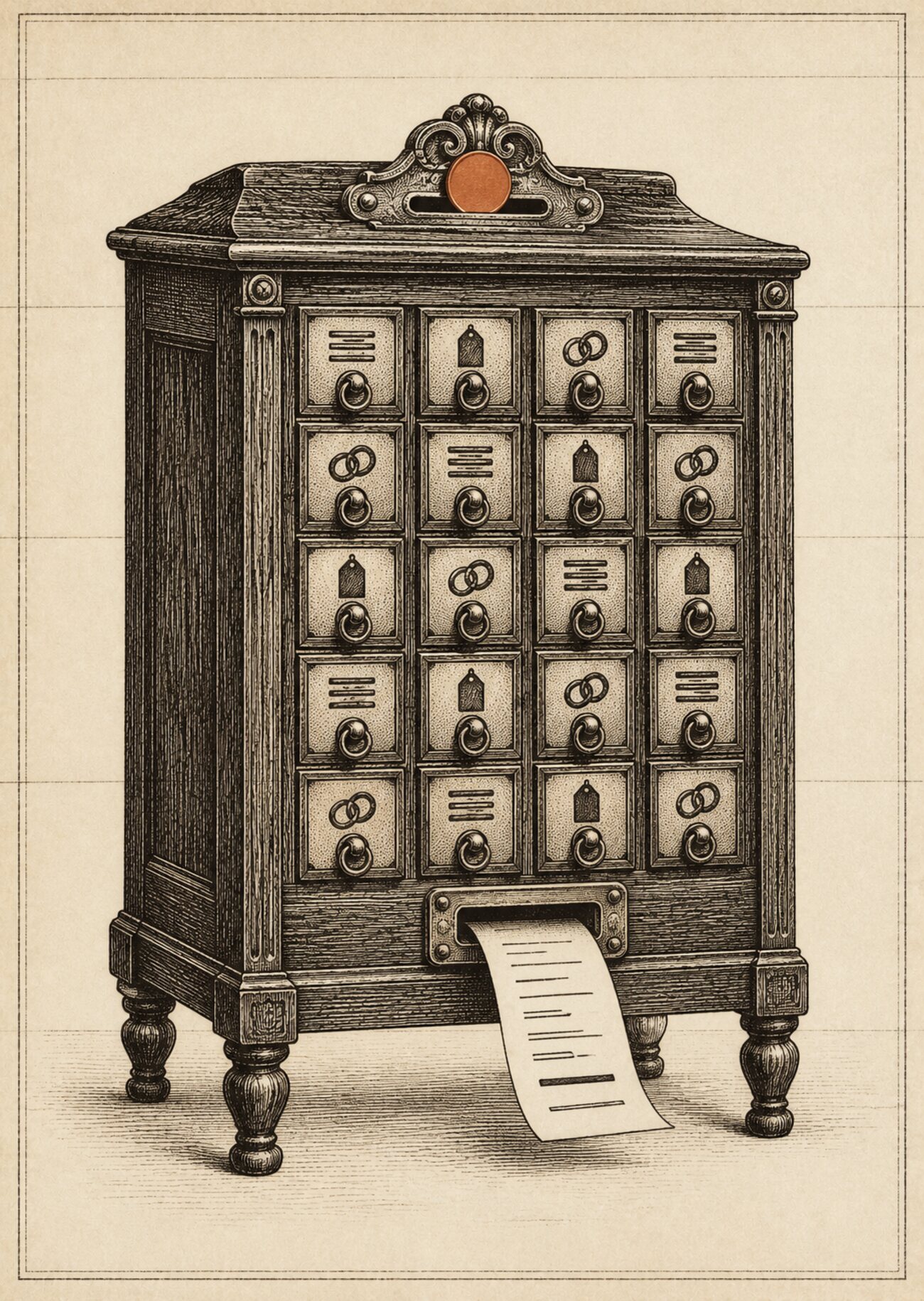 An antique almanac engraving: a coin-operated cabinet fronted by small drawers for search results, keywords and links, a single copper coin dropping into its slot and a printed slip of data feeding out below.