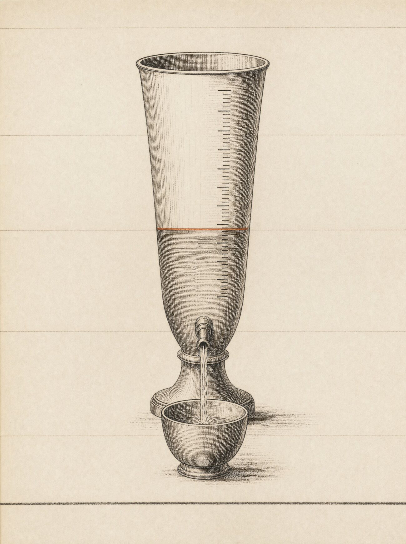 An antique almanac engraving: a tall copper-banded water clock, its measured level half-drained through a single spigot into a waiting cup, the falling line marked but no gauge showing how fast it pours.