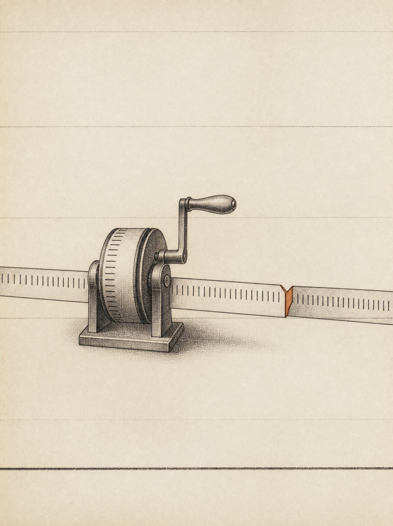 An antique almanac engraving: a long ribbon of evenly spaced tick-marks feeds through a hand-cranked counting wheel that meters each mark as it passes, with one notch farther along the ribbon picked out in copper where the measured allowance runs out.