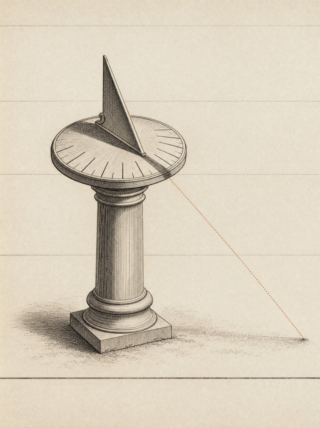 An antique almanac engraving: a sundial whose gnomon casts a shadow across the hour marks, the shadow continuing past the final mark as a fine dotted line projected onto open ground beyond the dial face.
