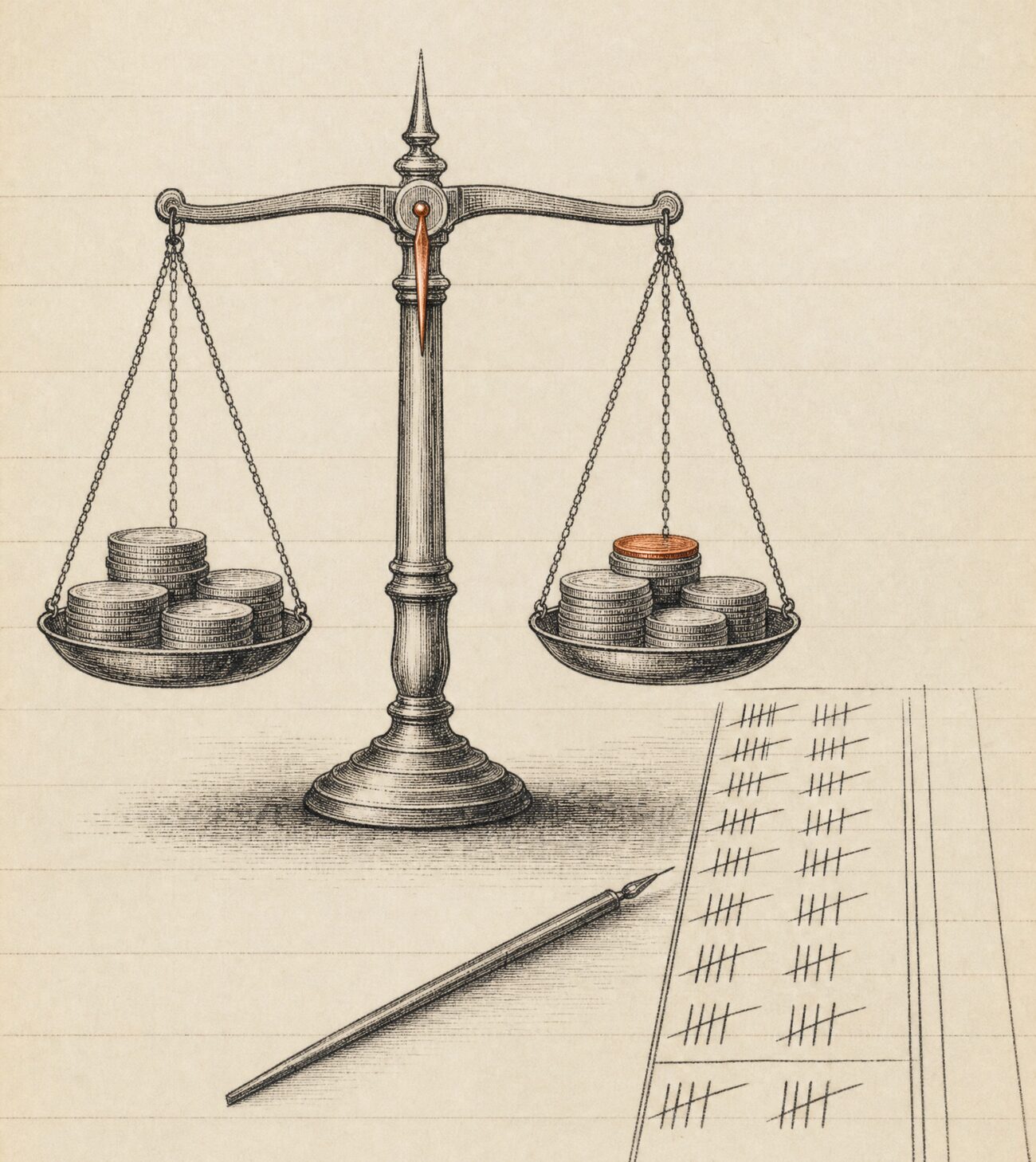 An antique almanac engraving: a balance scale weighing two pans of coin-like tokens against each other — the coins on one pan picked out in copper — beside a tally ledger column.