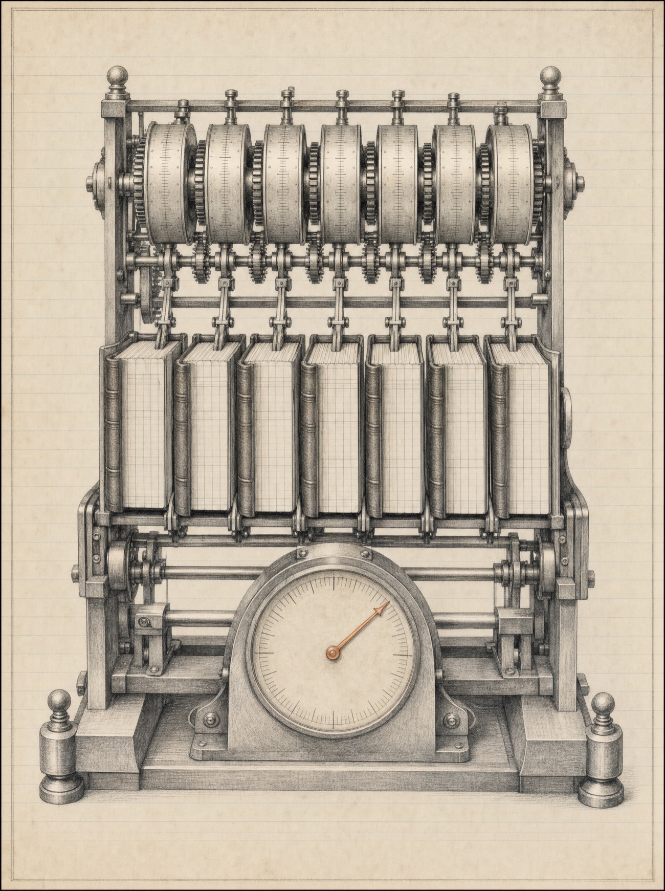 An antique almanac engraving: a bank of geared metering drums stamped with minute and hour marks turns a row of small repository ledgers, while a single summing dial at the foot of the plate, picked out in copper, converts the turns into one running figure.