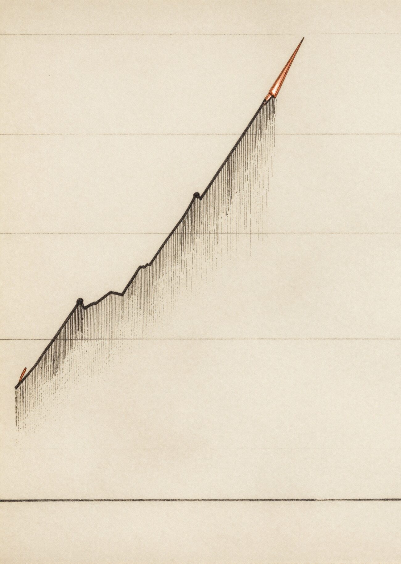 An antique almanac-style engraving of a line chart whose curve climbs steeply and runs off the top of the frame, the runaway spike picked out in copper.