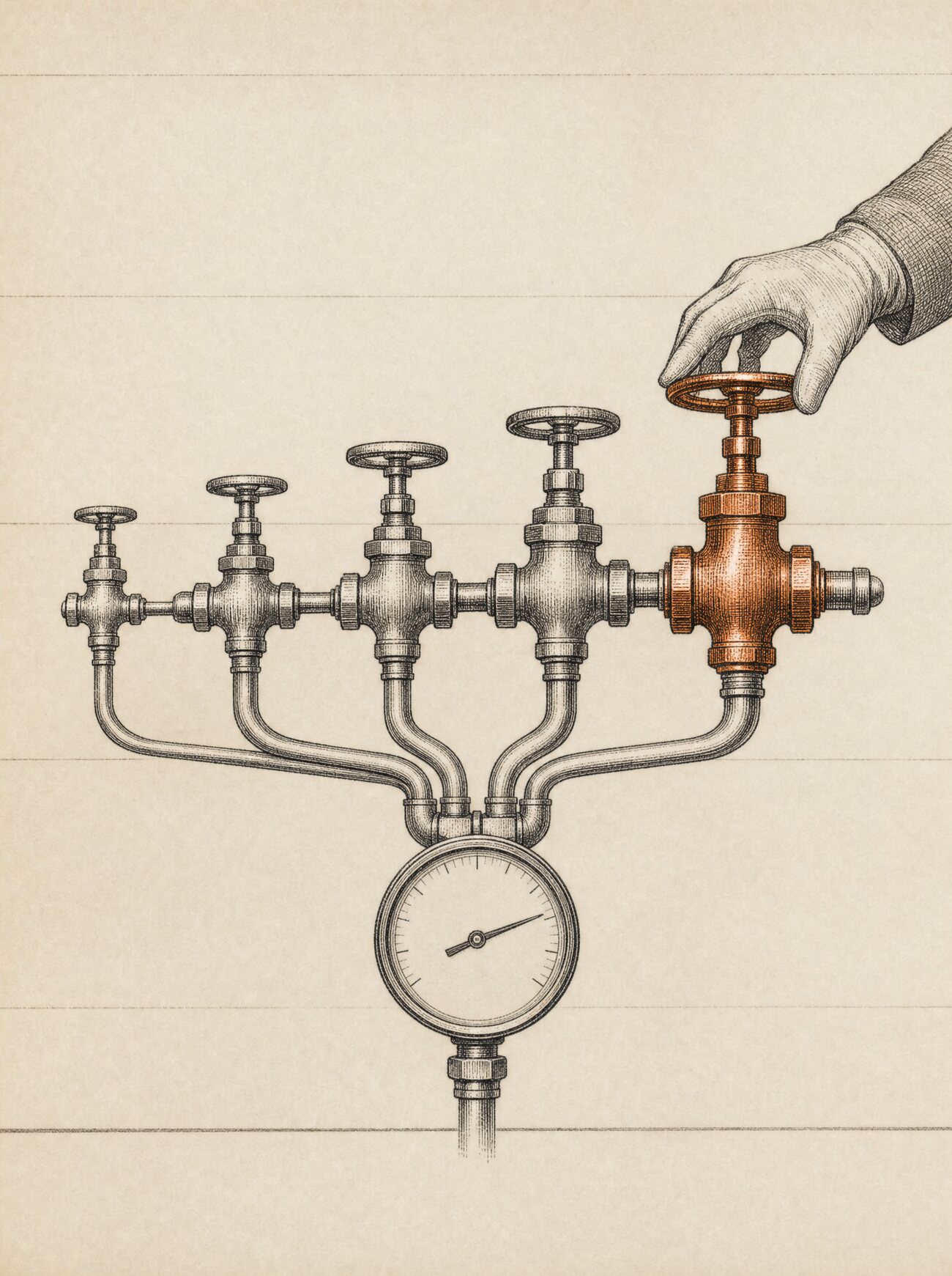 An antique almanac engraving: a row of brass control valves of unequal size feeding a single pressure gauge, a gloved hand resting on the largest valve while the needle holds steady, the chosen valve picked out in copper.