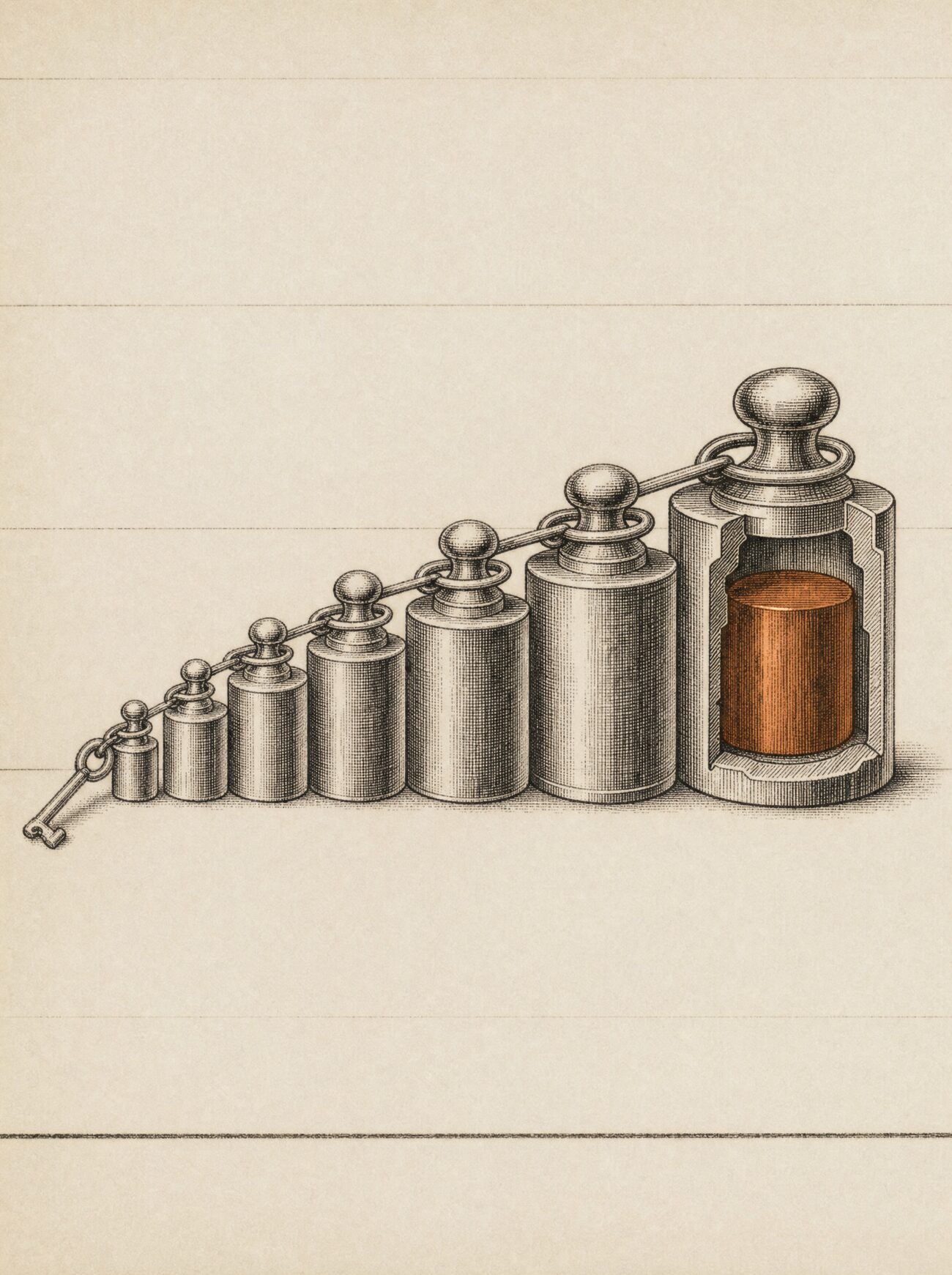 An antique almanac engraving: a graduated row of balance-weights ascending from tiny to large, the largest cut away to reveal a copper inner core, with a single key threaded through their ring-tops.