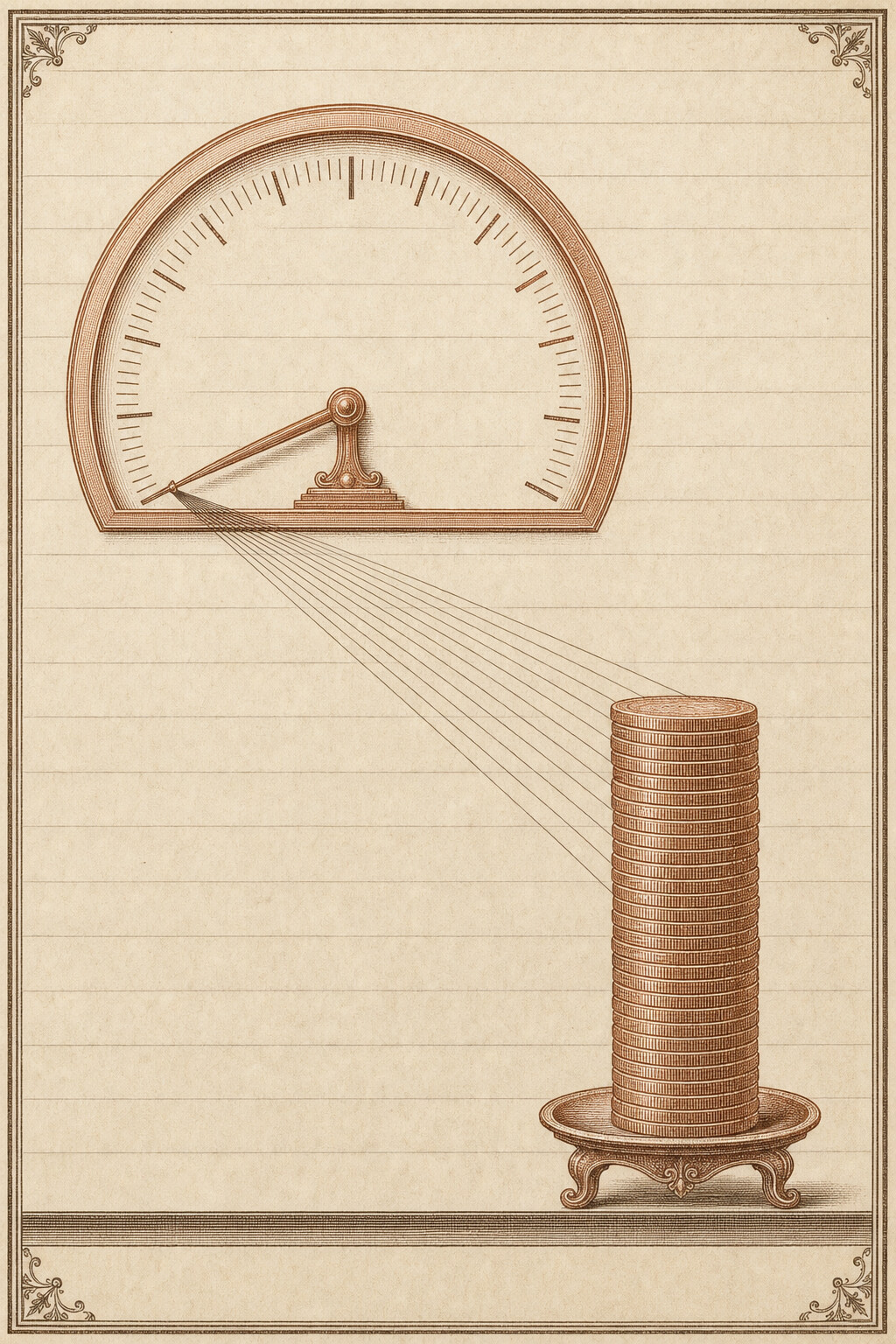 An antique almanac engraving: a semicircular gauge with its needle pointing to the low end of the arc, and fine sight-lines fanning down from the needle to a tall column of stacked coins — a low cache hit rate corresponds to a tall, expensive price stack.