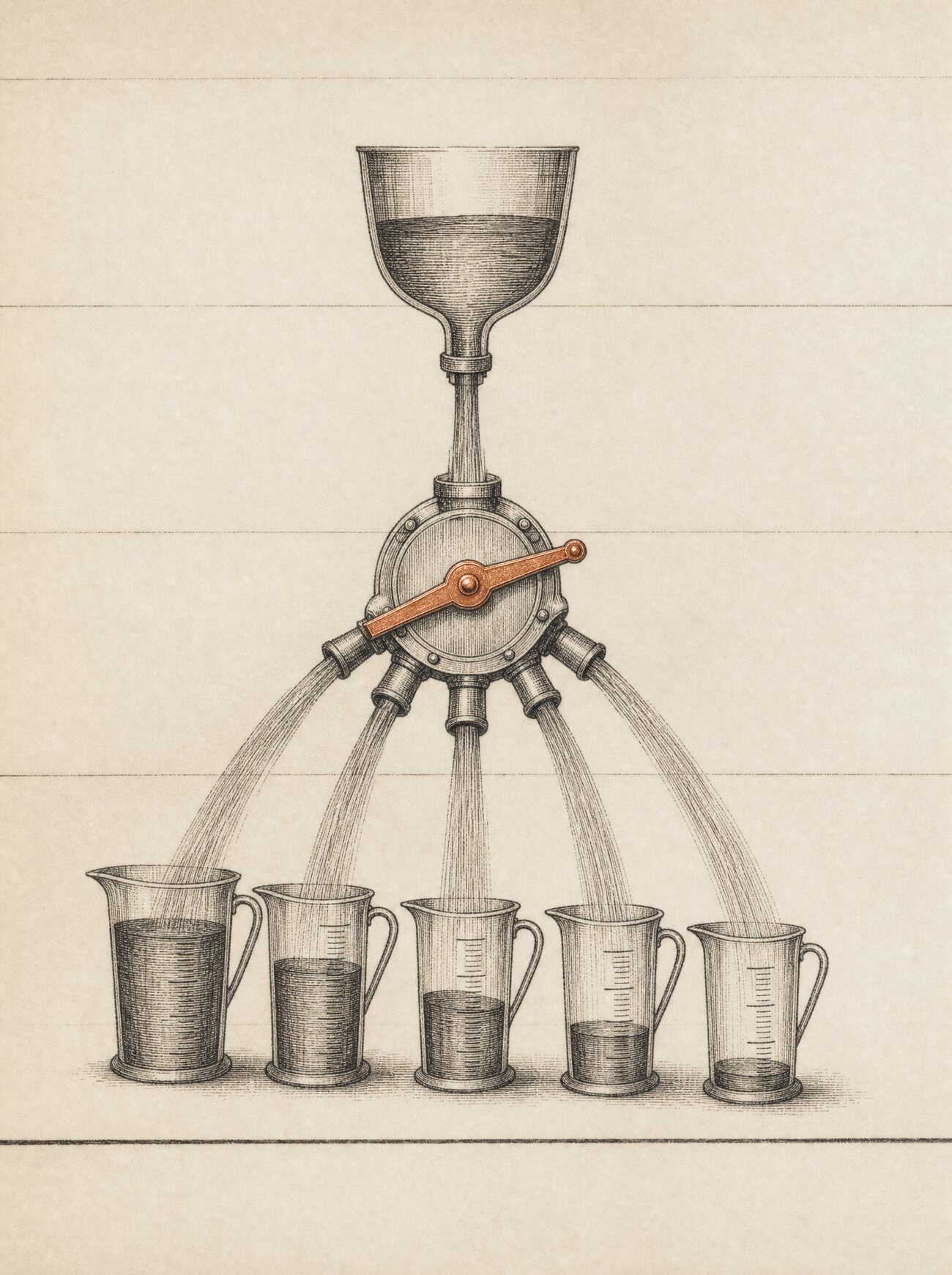 An antique almanac engraving: a single inflow channel pours into a central rotating distributor valve that divides the one stream into a fan of graduated measuring jugs of unequal fill, the rotating arm picked out in copper.