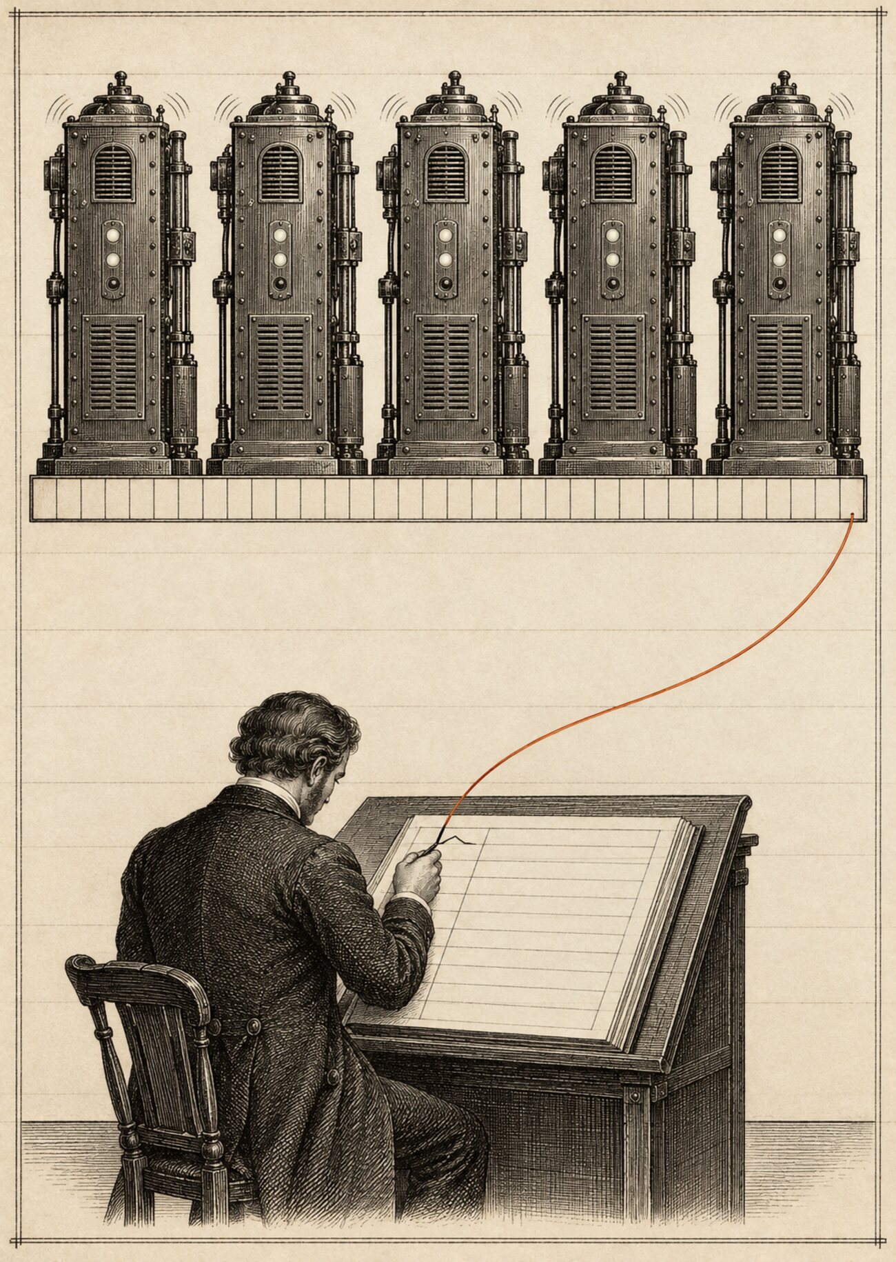 An antique almanac engraving: a row of server cabinets hums through a month of days drawn along an upper ribbon, while below, a clerk at a ledger desk writes a single entry under the first day of the next month, a copper thread joining the month of work above to that one dated line.