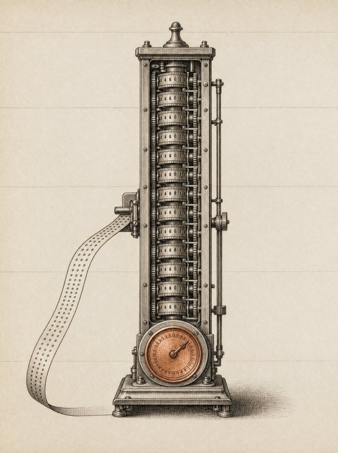 An antique almanac engraving: a tall brass tallying register of geared counting wheels, fed by a continuous ribbon of small identical punched marks streaming in from one side, each mark clicking the wheels forward; a single dial at the foot of the plate, picked out in copper, sums the running count into one figure.