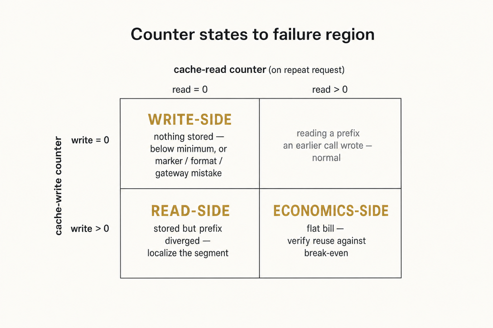A two-by-two grid mapping two counter readings to a failure region. Rows are the cache-write counter (zero or non-zero); columns are the cache-read counter on a repeat request (zero or non-zero). Write zero, read zero is write-side (nothing stored — below minimum size, or a marker, format, or gateway mistake). Write non-zero, read zero is read-side (stored but the prefix diverged; localize the segment). Write zero, read non-zero is normal (reading a prefix an earlier call wrote). Write non-zero, read non-zero with a flat bill is economics-side (verify reuse against break-even).