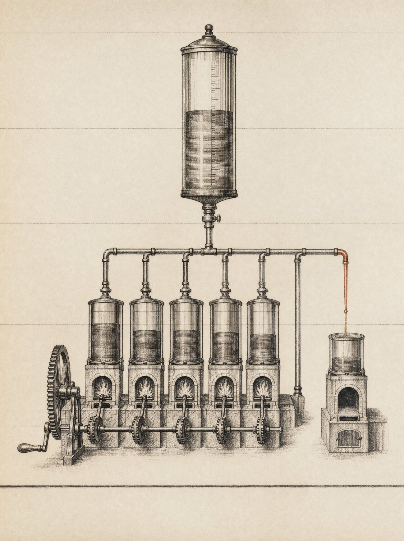 An antique almanac engraving: a row of furnaces driven by a hand-cranked per-second counting wheel draws steadily from a tall prepaid cistern, while off to one side an idle holding tank keeps drawing through a thin pipe even though its furnace stands cold — the idle draw-line picked out in copper.