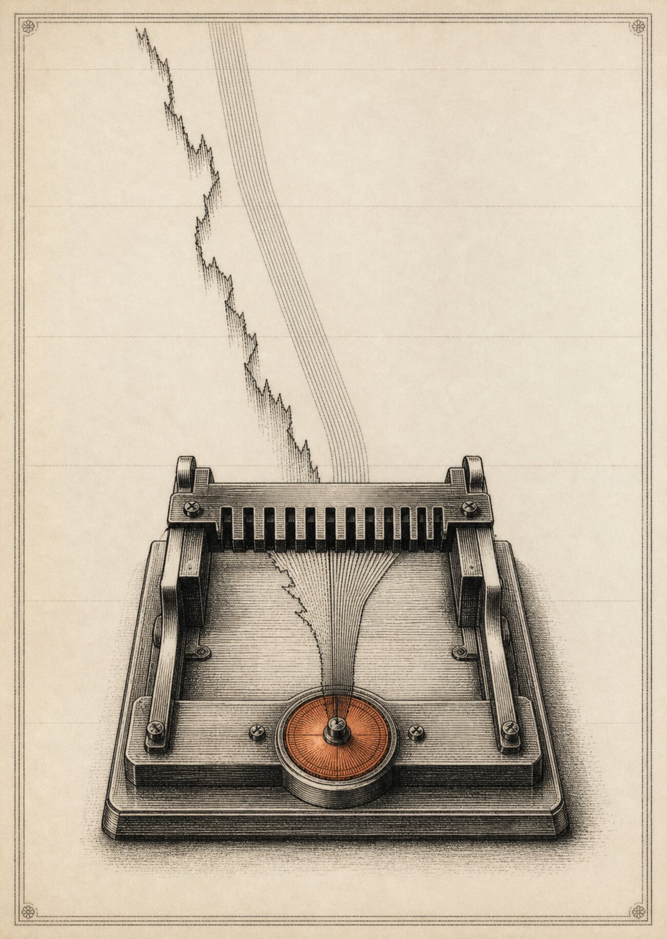 An antique almanac engraving: a watchman's tally desk where two streams of small marks — one of jagged fault-symbols, one of fine thread-like traces — pour in from the left and pass under a plated rate-comb of stepped teeth; below the comb a single copper dial gathers both streams into one running figure.