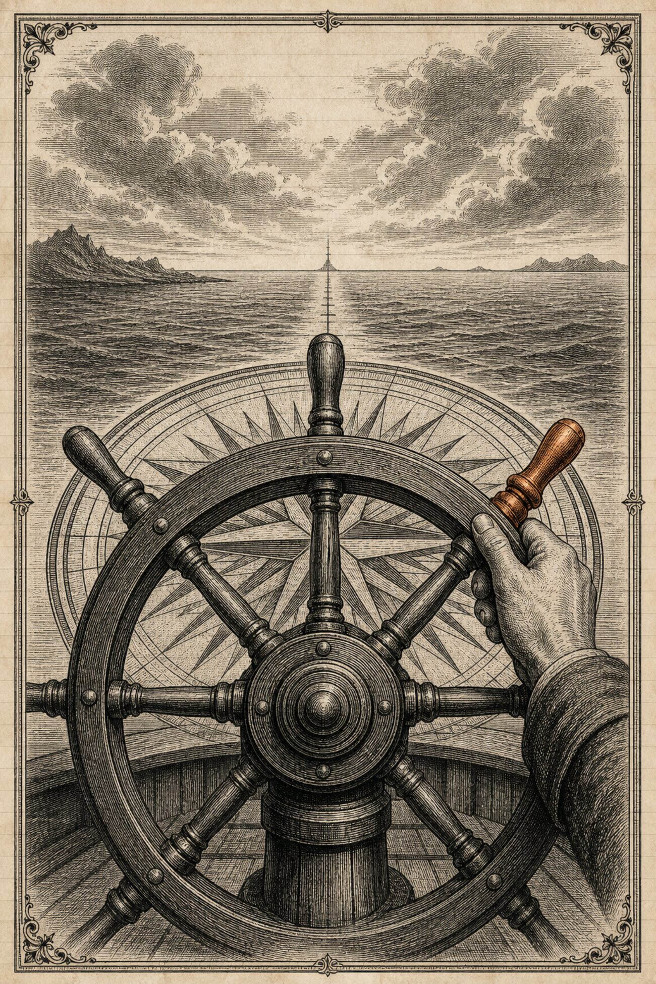 An antique almanac engraving: a hand grips one spoke of a ship's helm mounted before a compass rose, a sight-line running forward from the wheel to a distant horizon — steering the spend rather than watching it.
