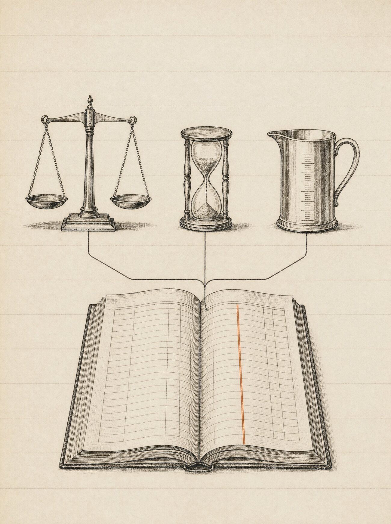 An antique almanac engraving: a balance scale, an hourglass, and a graduated measuring jug each feed a single line down into one open ledger book, where a running total is tallied in a single copper-inked column.