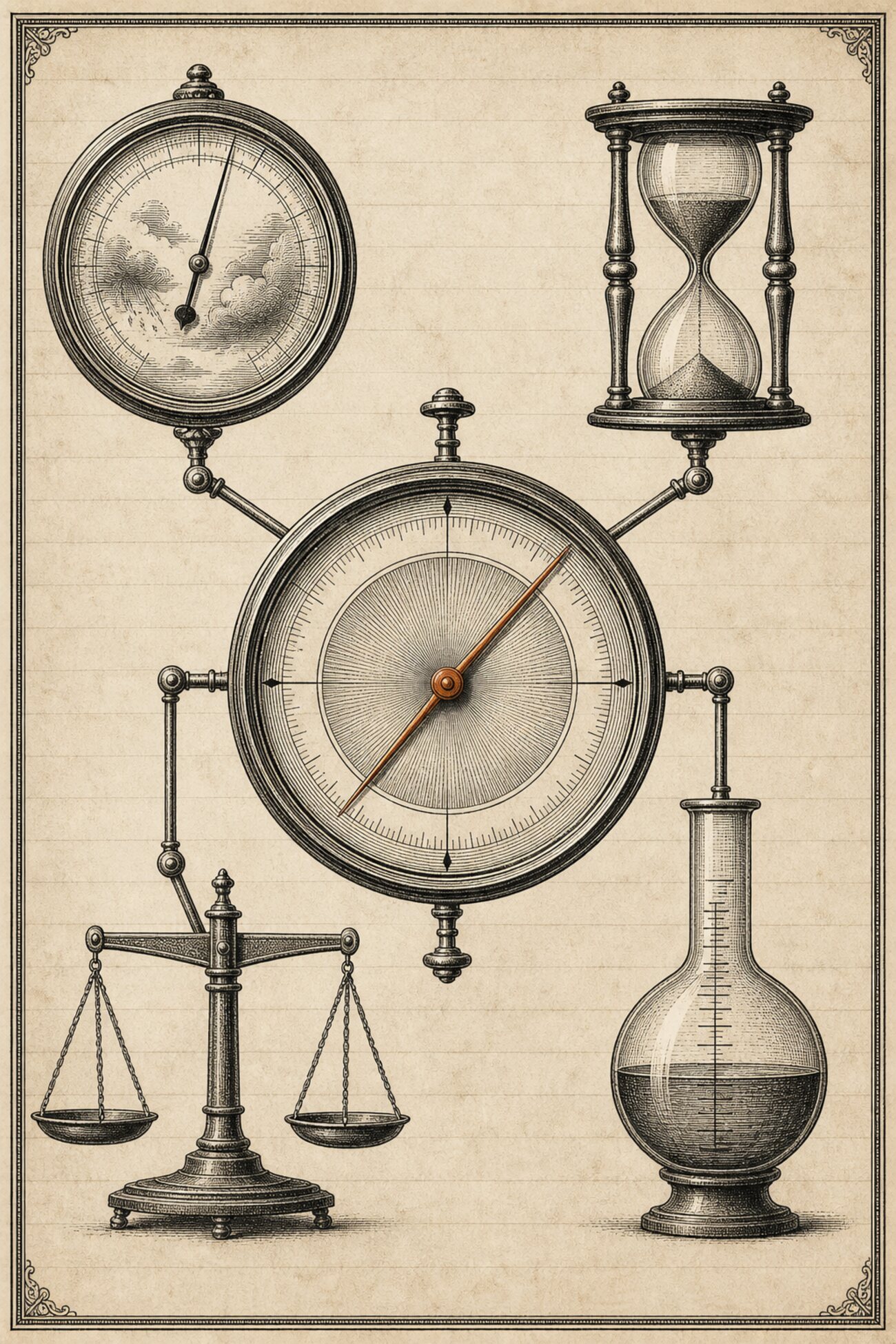 An antique almanac engraving: a barometer dial, an hourglass, a beam scale, and a graduated flask each linked by fine rods to one central master dial, whose single needle reads them all as one value.