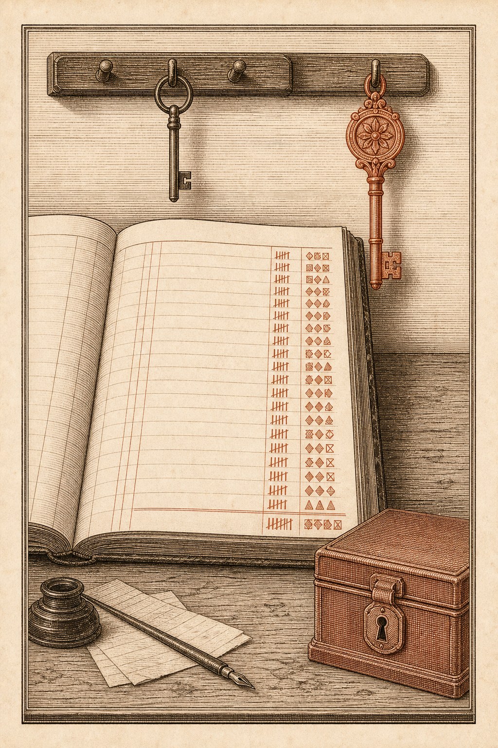 An antique almanac engraving: a merchant's itemized ledger open on a desk, each line already totaled in a neat hand, beside a locked strongbox whose key hangs on a separate hook marked with a different seal.